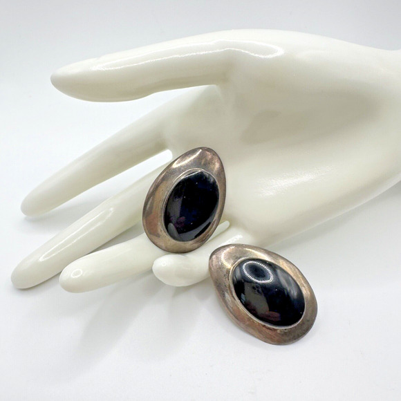 Vintage Sterling Silver Onyx 925 Clip on Modernist Abstract Earrings 1.5 in - Picture 1 of 14